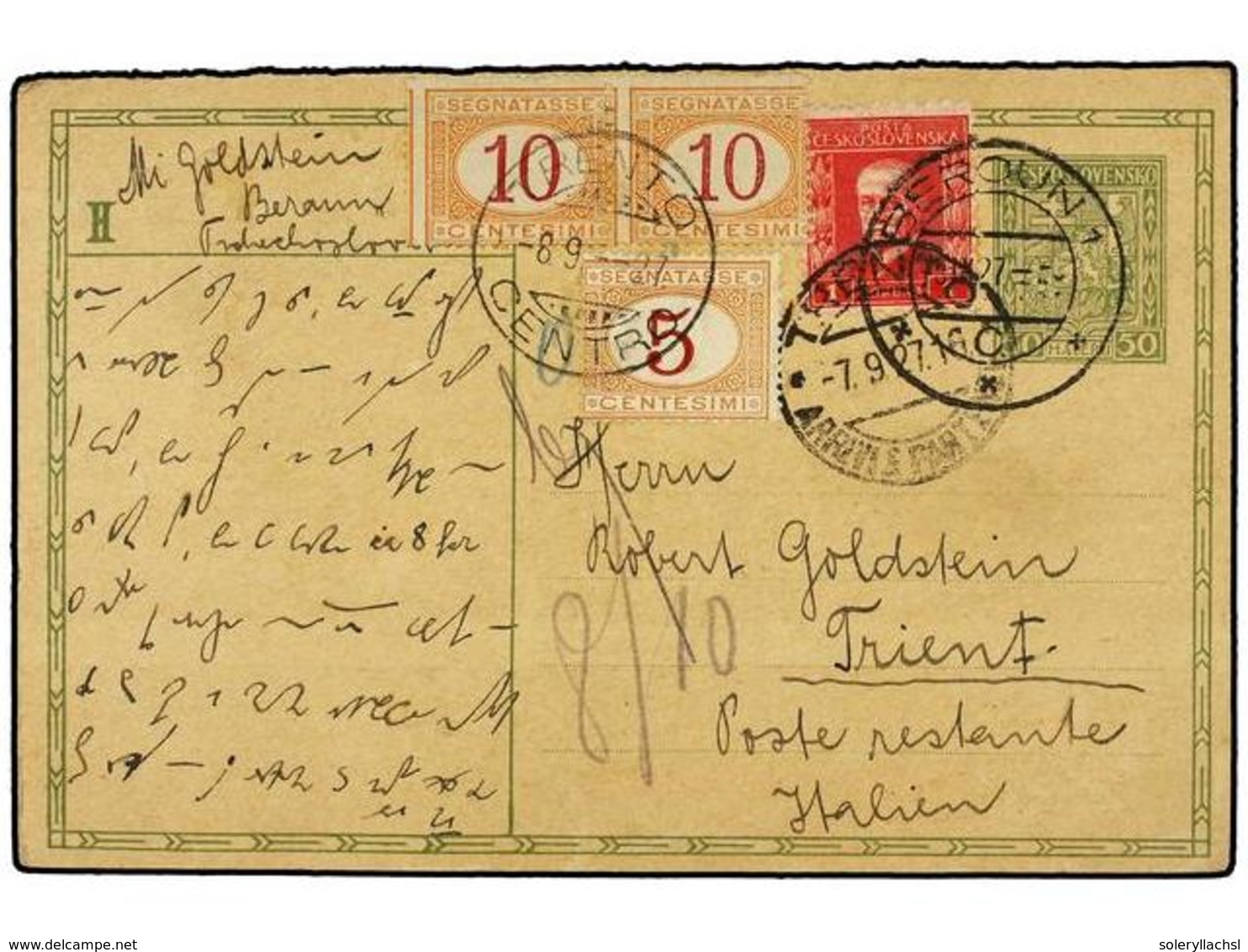 1363 CHECOSLOVAQUIA. 1927. ZBEROUN To ITALY. <B>50 H. </B>green Card Uprated <B>1 Kr.</B> Red Stamp. Taxed On Arrival Wi - Sonstige & Ohne Zuordnung