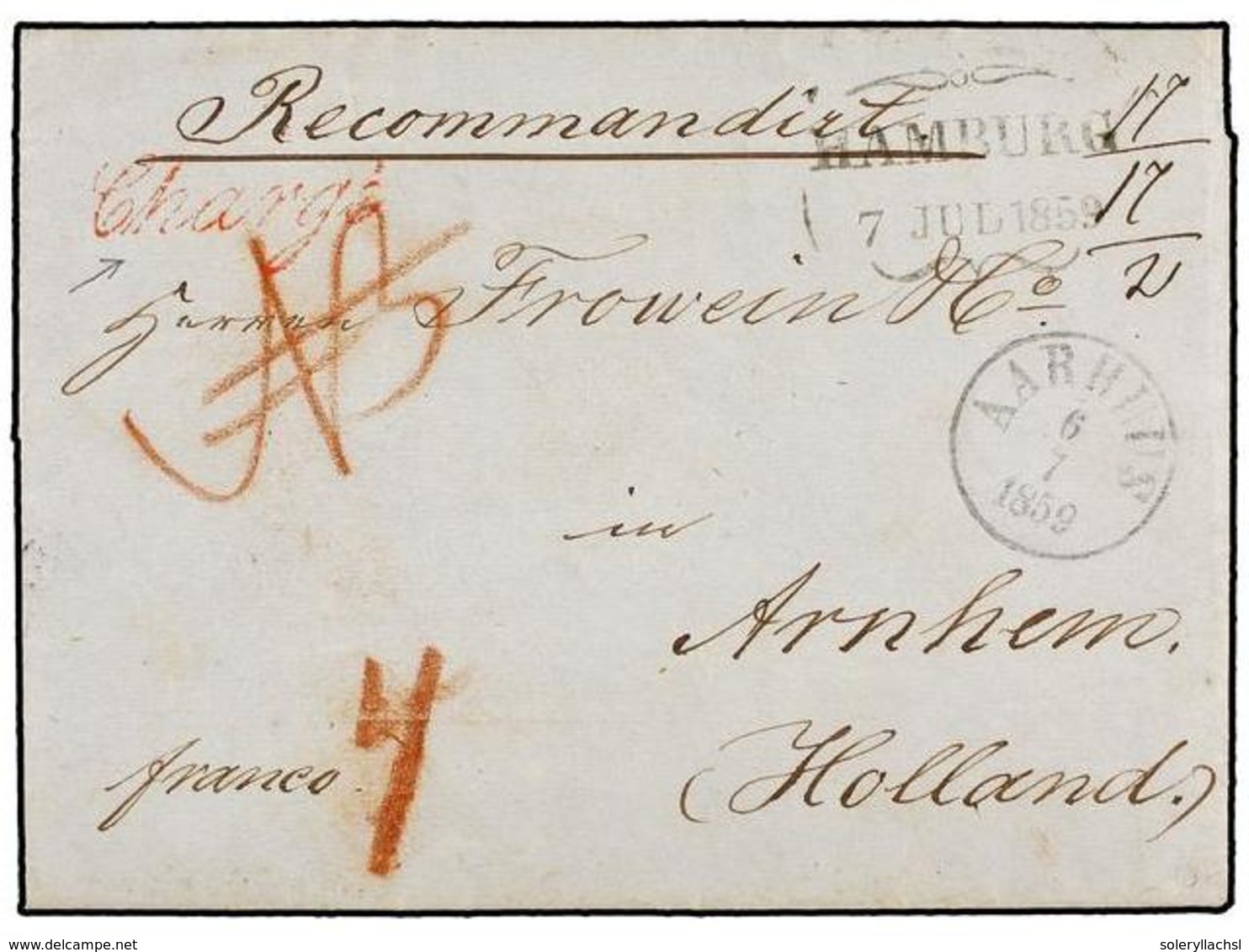 1378 DINAMARCA. 1859. AARHUS To ARNHEM (Holland). Registered Cover, Red <B>CHARGE</B> Mark, Circulated Via Hamburg. - Sonstige & Ohne Zuordnung