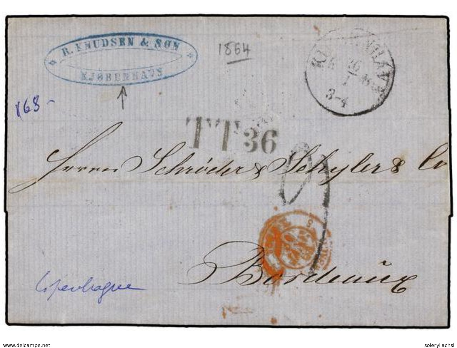 1382 DINAMARCA. 1864. COPENHAGEN To FRANCE Via Hamburg With<B> TT36</B> Exchange Mark (Van Der Linden 2843). - Sonstige & Ohne Zuordnung