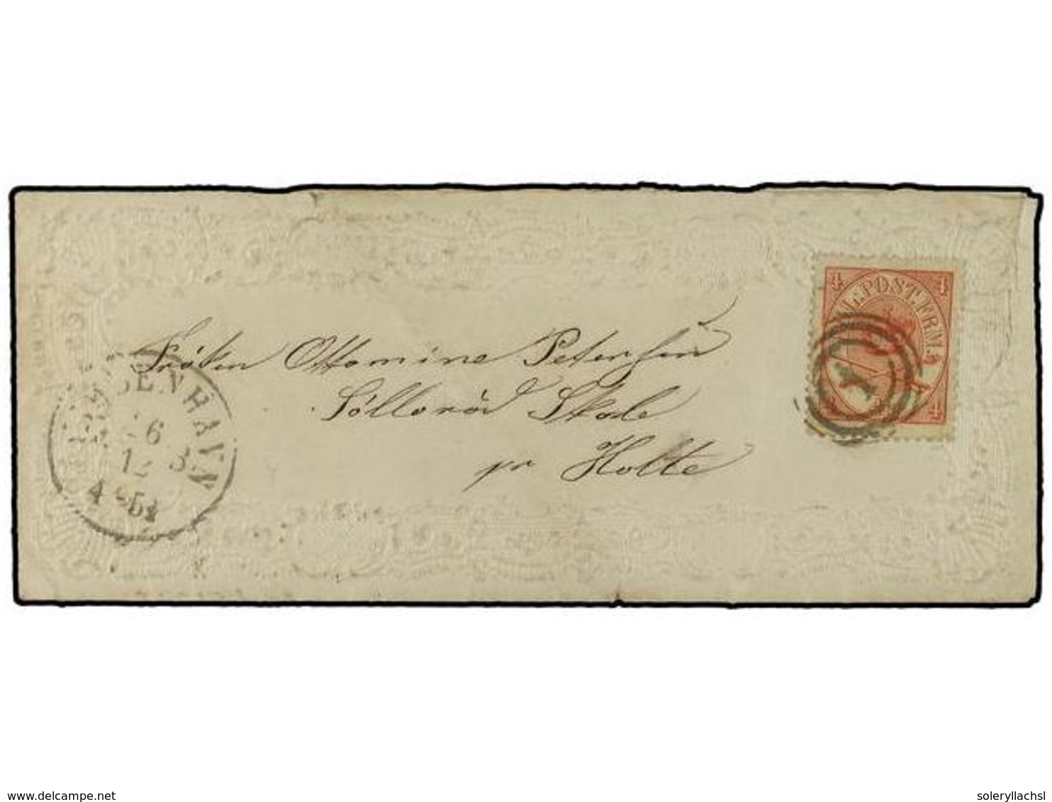 1383 DINAMARCA. (1865 CA). Embossed Ladies' Envelope To Holte Franked By 1864 <B>4sk</B>. Red Tied By Copenhagen Target  - Autres & Non Classés