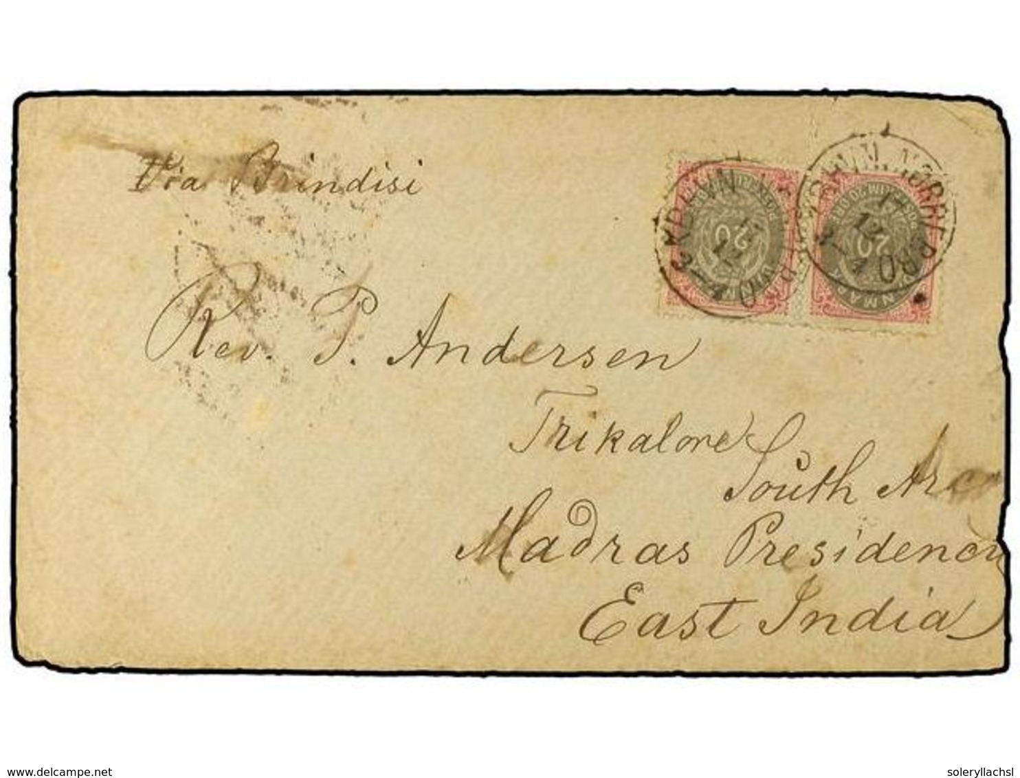 1392 DINAMARCA. (1885 CA.). Cover To Madras, INDIA Endorsed 'Via Brindisi' Franked By 1875 <B>20 O</B> Rose & Grey Pair  - Other & Unclassified