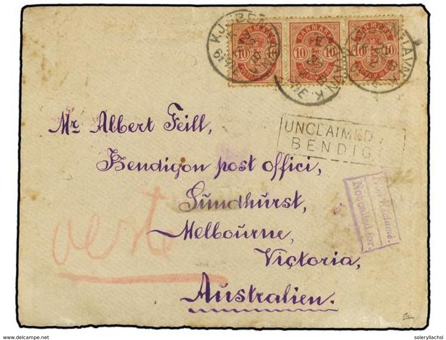 1394 DINAMARCA. 1892 (Feb 22). Cover To BENDIGO (Victoria, Australia) Franked By 1885 <B>10ö.</B> Carmine Strip Of Three - Other & Unclassified