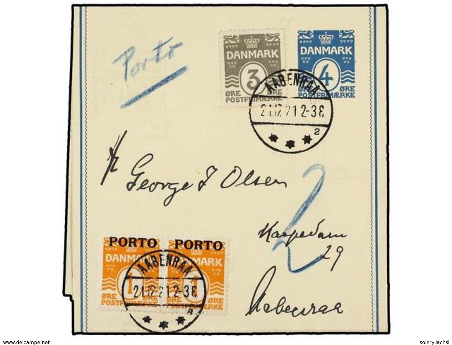 1400 DINAMARCA. 1921. AABENRAA. Faja De Prensa De <B>4 Ore</B> Azul Con Franqueo Adicional De <B>3 Ore </B>gris, Tasada  - Other & Unclassified