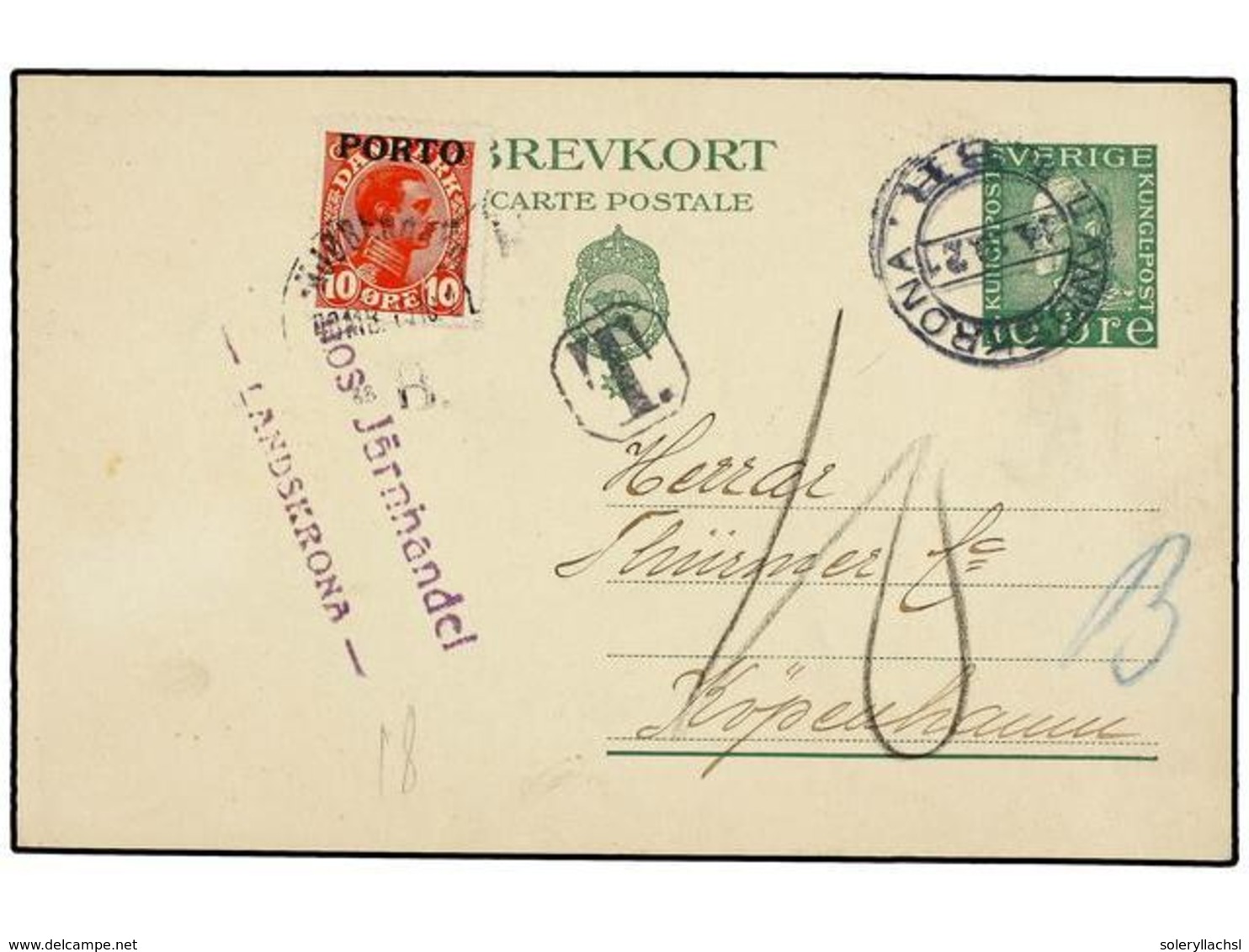 1401 DINAMARCA. 1921. LANDSKRONA (Suecia) A COPENHAGEN. Entero Postal De <B>10 Ore</B> Verde Tasado A La Llegada Con Sel - Other & Unclassified