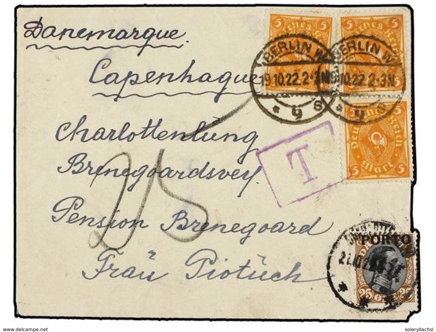 1402 DINAMARCA. 1922. BERLÍN A COPENHAGEN. <B>5 M. </B>(3), Tasada A Llegada Con Sello De <B> 25 Ore</B> Castaño Y Negro - Sonstige & Ohne Zuordnung