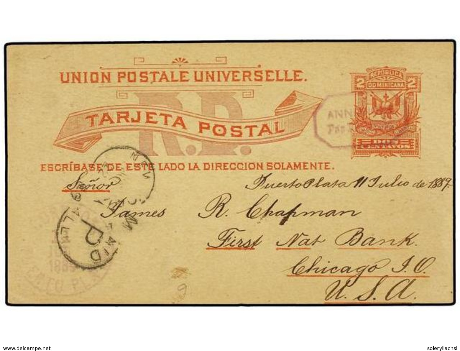 1409 REPUBLICA DOMINICANA. 1885. PUERTO PLATA A USA. Entero Postal De <B>2 Ctvos.</B> Rojo, Curioso Matasellos Octogonal - Sonstige & Ohne Zuordnung