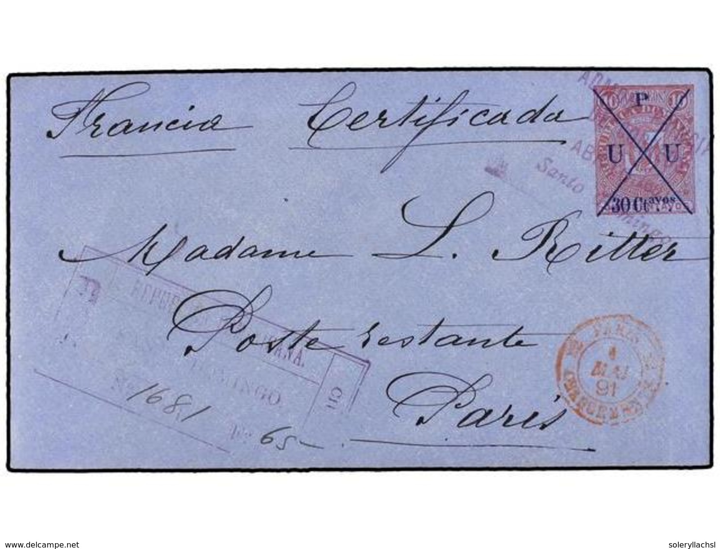 1412 REPUBLICA DOMINICANA. 1891. SANTO DOMINGO A FRANCIA. Entero Postal De <B>30 Ctvos.</B> <B>s. 10 Ctvos.</B> Rosa S.  - Sonstige & Ohne Zuordnung