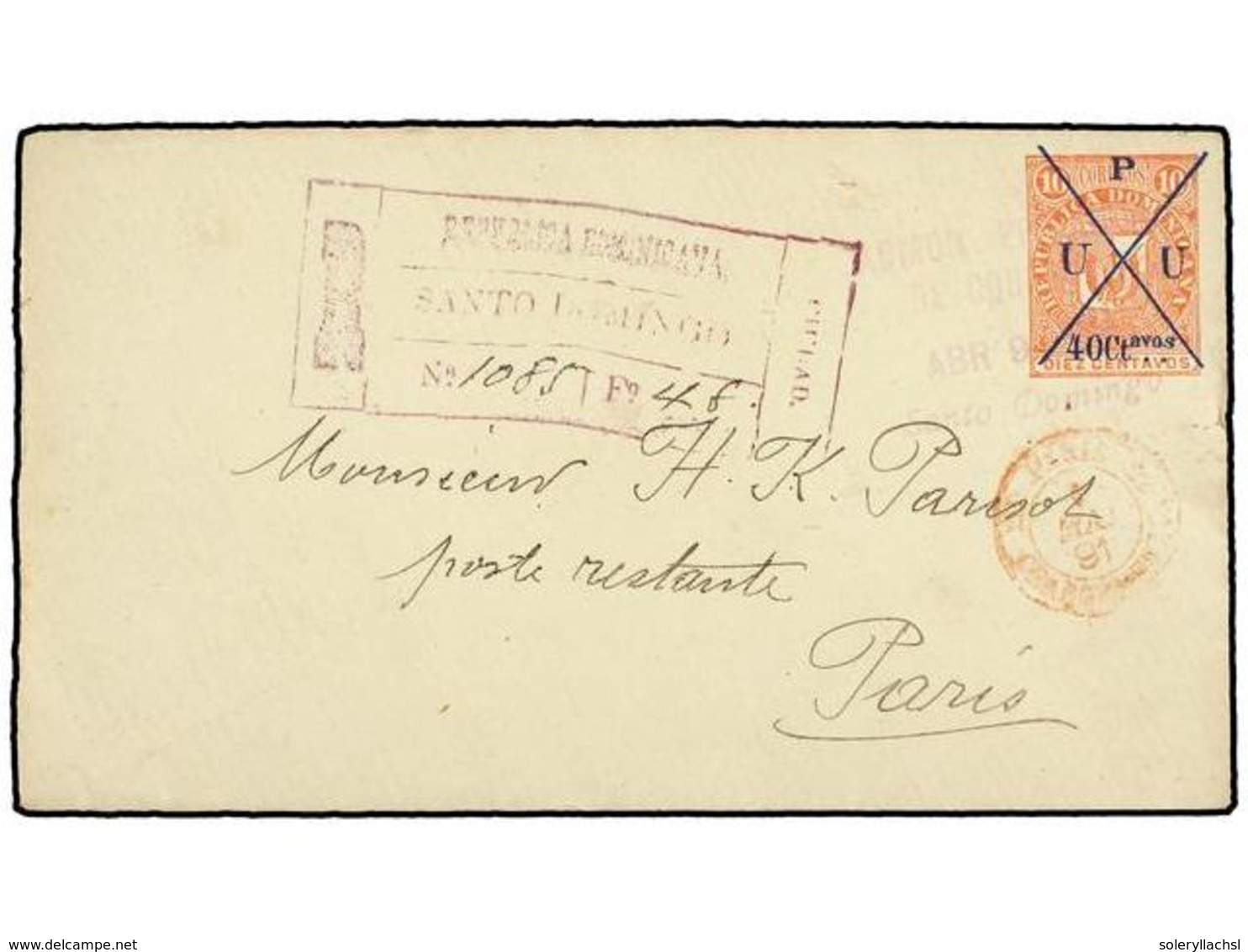 1414 REPUBLICA DOMINICANA. 1891. SANTO DOMINGO A FRANCIA. Entero Postal De <B>40 Ctvos. S. 10 Ctvos.</B> Rosa, Circulado - Other & Unclassified