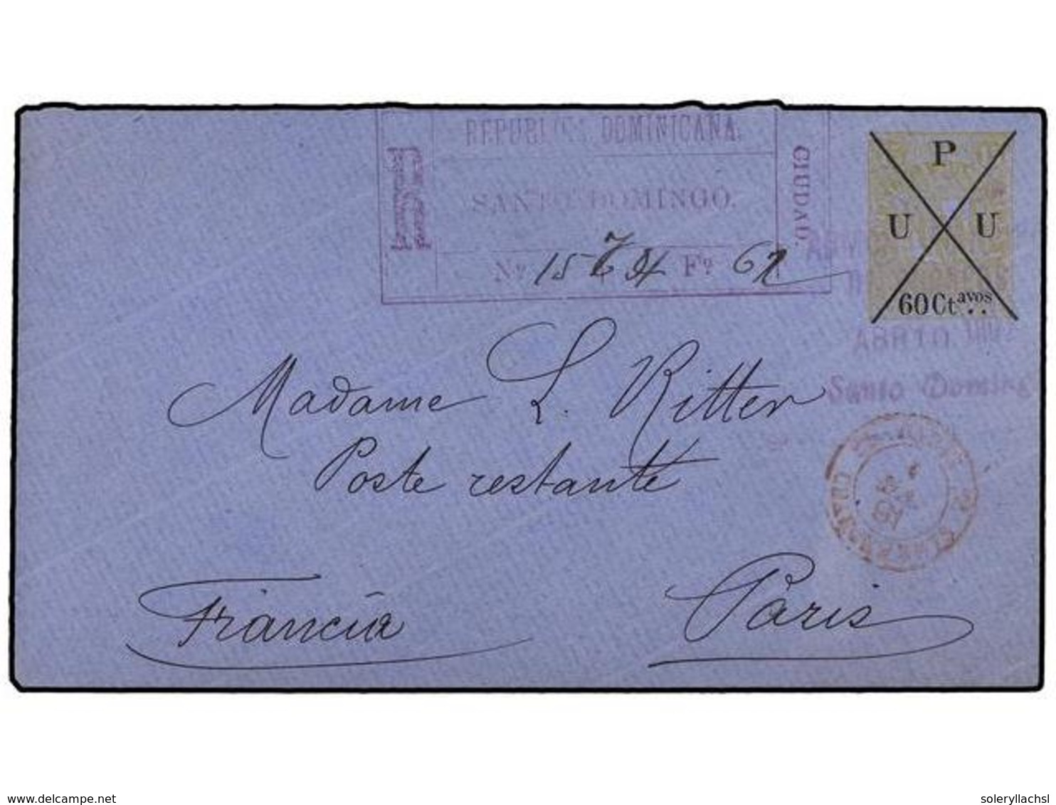 1415 REPUBLICA DOMINICANA. 1891. SANTO DOMINGO A PARÍS. Entero Postal De <B>60 Ctvos. S. 15 Ctvos. </B>amarillo. Circula - Other & Unclassified