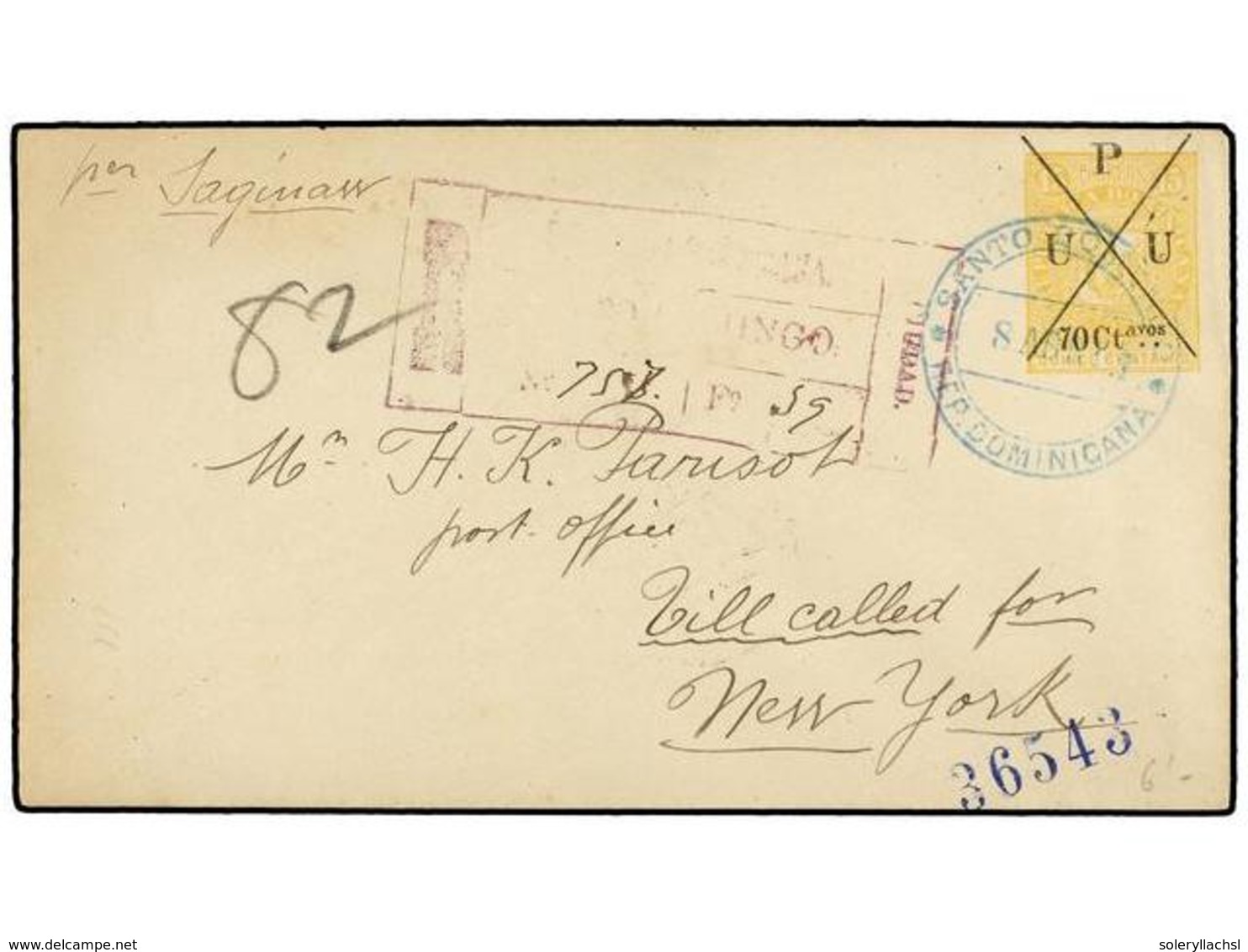 1416 REPUBLICA DOMINICANA. 1891. SANTO DOMINGO A USA. Entero Postal De <B>70 Ctvos. S. 15 Ctvos.</B> Amarillo, Circulado - Sonstige & Ohne Zuordnung