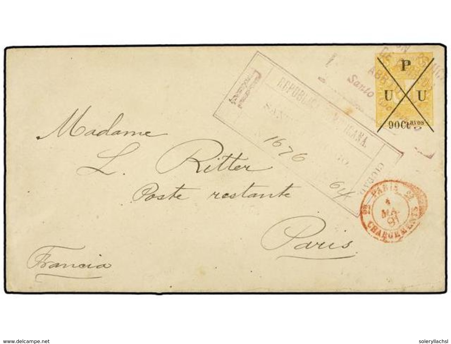 1419 REPUBLICA DOMINICANA. 1891. SANTO DOMINGO A PARÍS. Entero Postal De <B>90 Ctvos. S. 15 Ctvos.</B> Amarillo. Circula - Other & Unclassified