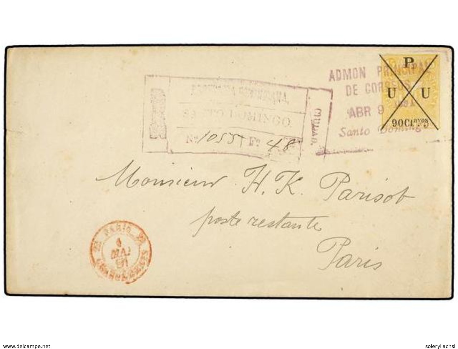 1422 REPUBLICA DOMINICANA. 1891. STO. DOMINGO  A PARÍS. Entero Postal De <B>90 Ctvos. S. 15 Ctvos.</B> Amarillo Circulad - Sonstige & Ohne Zuordnung