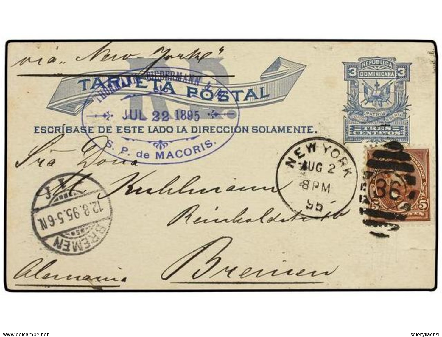 1426 REPUBLICA DOMINICANA. 1895 (July 18). <B>3c</B>. Blue Postal Stationery Card Written From S.P. De Macoris With Oval - Other & Unclassified