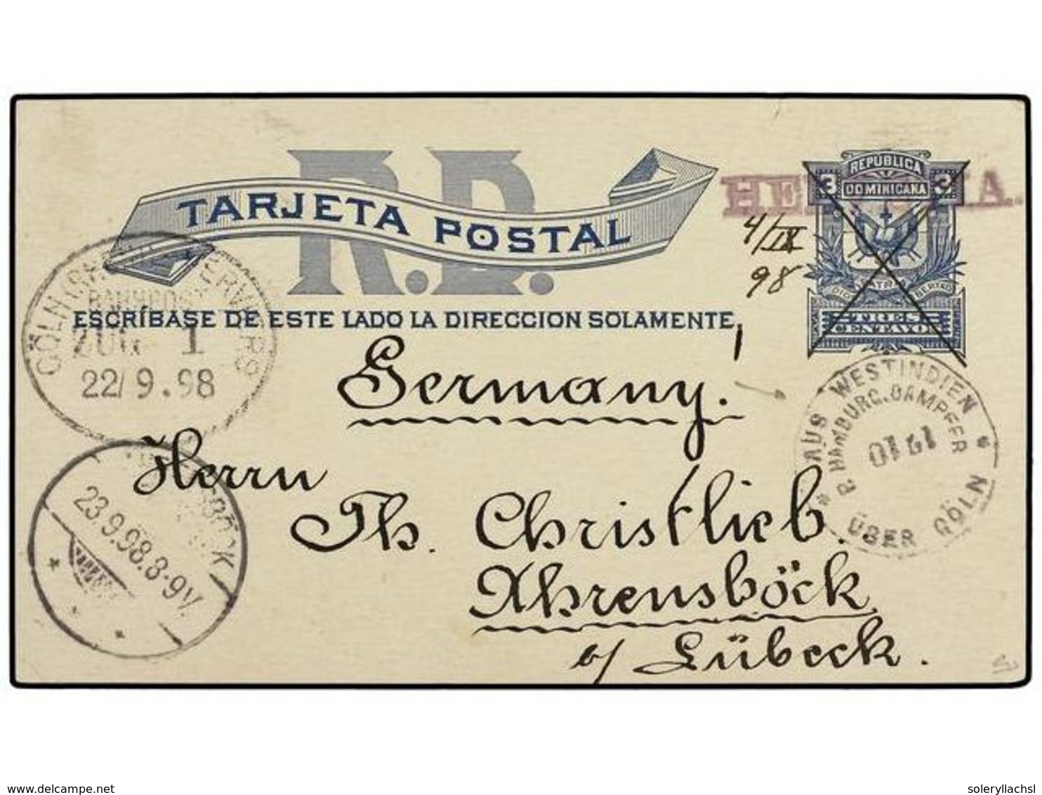 1427 REPUBLICA DOMINICANA. 1898 (Sept 4). <B>3c.</B> Deep Blue Postal Stationery Card Used To LUBECK Cancelled With <B>d - Sonstige & Ohne Zuordnung