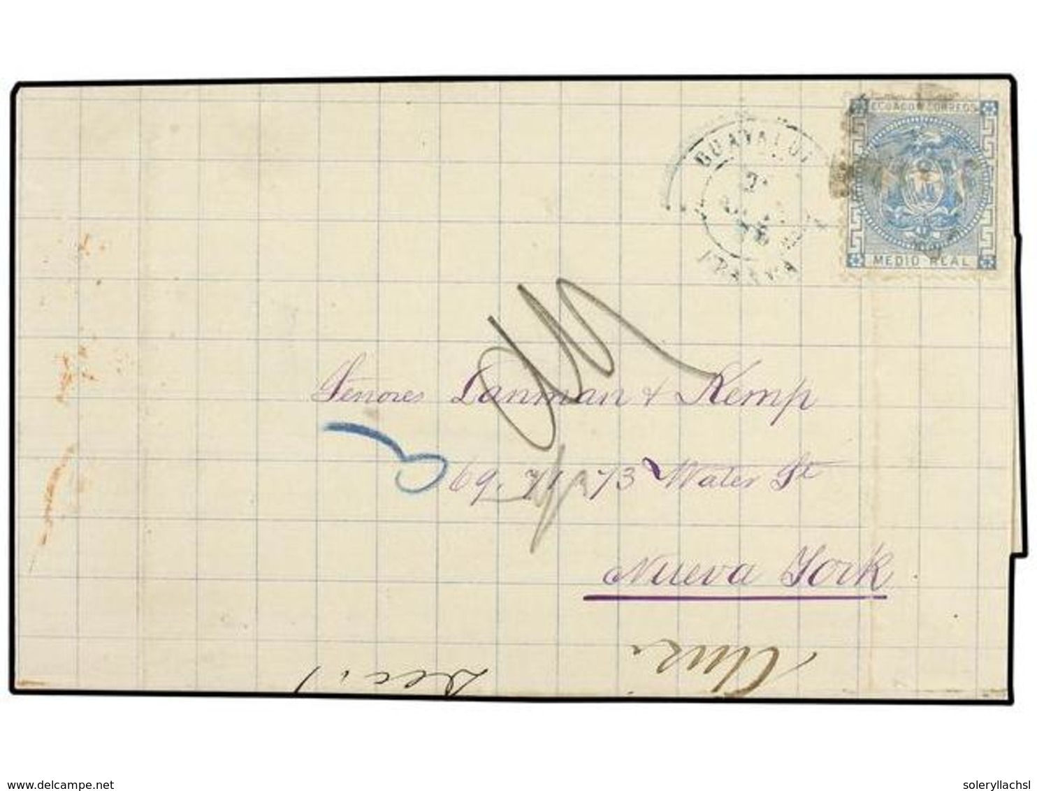 1436 ECUADOR. 1876 (Oct 24). Entire Letter To NEW YORK From GUAYAQUIL Franked By Single 1872 <B>1/2 R.</B> Ultramarine T - Other & Unclassified