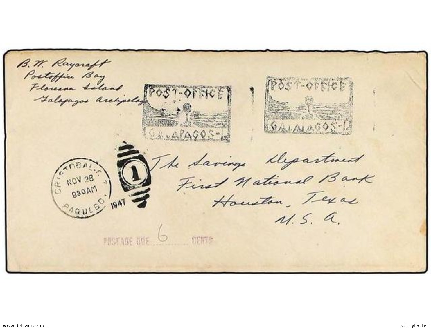 1443 ECUADOR. 1947. (Galapagos Islands). Stampless Cover Endorsed <B>POST OFFICE BAY, FLOREANA ISLAND, GALAPAGOS ARCHIPE - Sonstige & Ohne Zuordnung