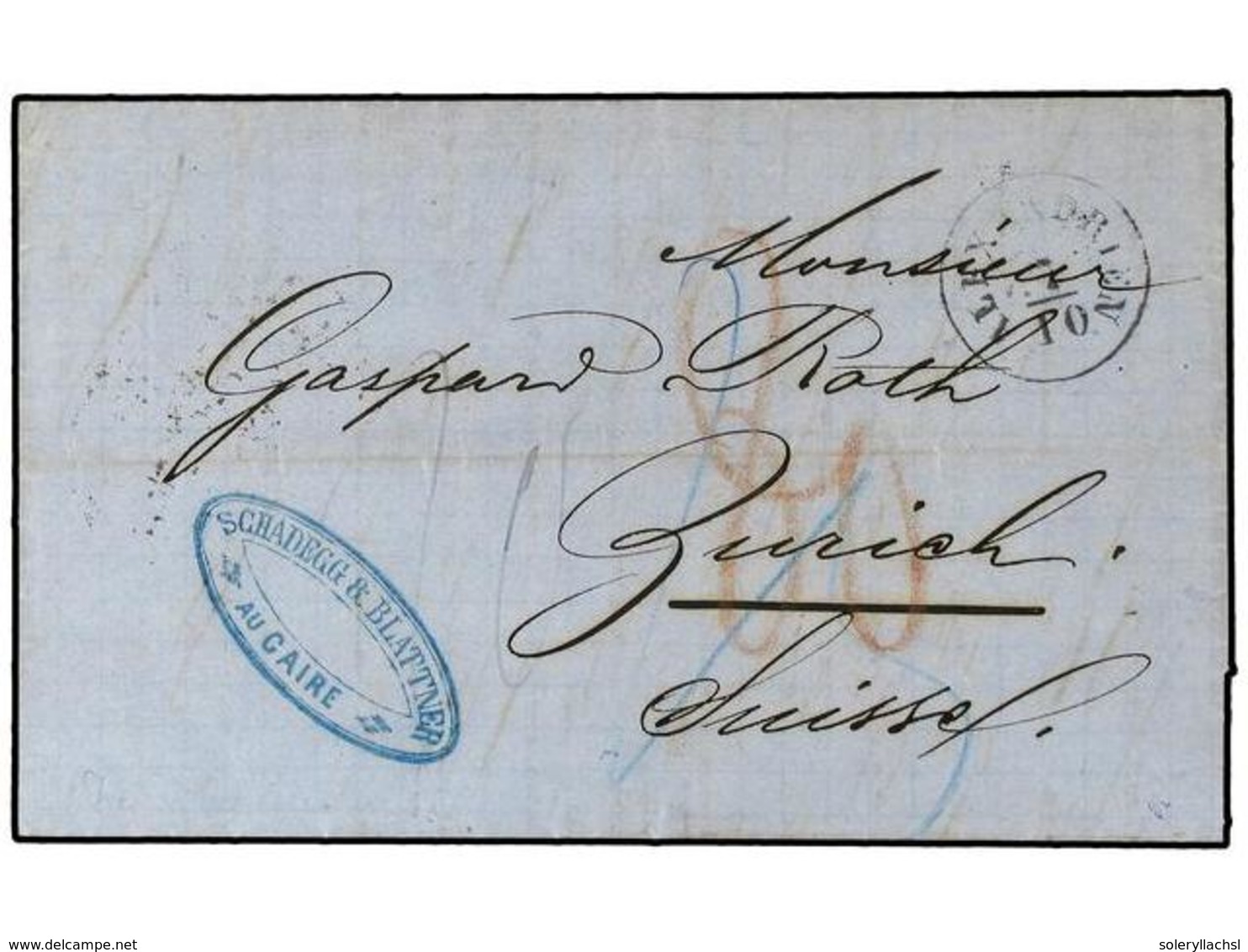 1447 EGIPTO. 1864. Entire Letter To ZURICH From CAIRO With Company Cachet In Blue, Austrian PO At ALEXANDRIA Large Type  - Sonstige & Ohne Zuordnung