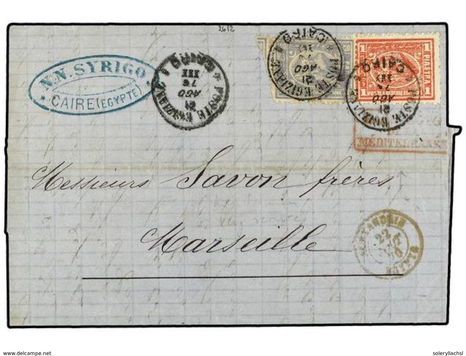 1451 EGIPTO. 1870. CAIRO A FRANCIA. <B>20 Pa.</B> Gris Y <B>1 Pi.</B> Rojo, Al Dorso Fechador De Tránsito De <B>ALEXANDR - Other & Unclassified