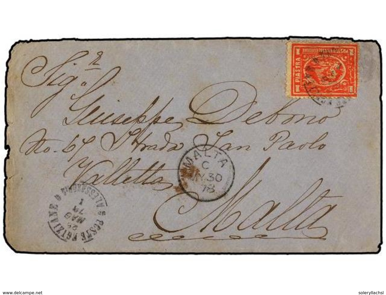 1457 EGIPTO. 1878. ALEXANDRIA To MALTA. <B>1 Piastre </B>red, Arrival Cds On Front. Scarce Destination. - Sonstige & Ohne Zuordnung