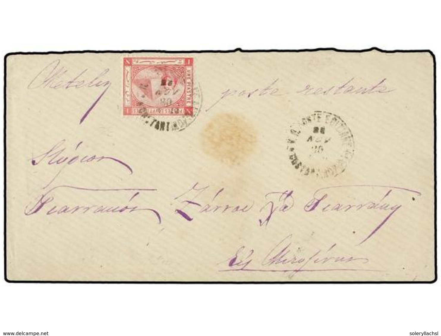 1459 EGIPTO. Sg.47. 1880 (Nov. 25). Cover From CONSTANTINOPLE To METELINO Franked By 1879 <B>1pi.</B> Rose Red Tied By < - Other & Unclassified