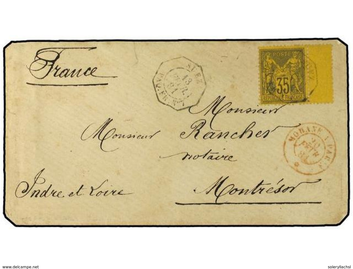 1461 EGIPTO. 1881. SUEZ A FRANCIA. Circulada Con Sello Francés De <B>35 Cts.</B> Negro S. Amarillo, Mat. Octogonal <B>SU - Other & Unclassified