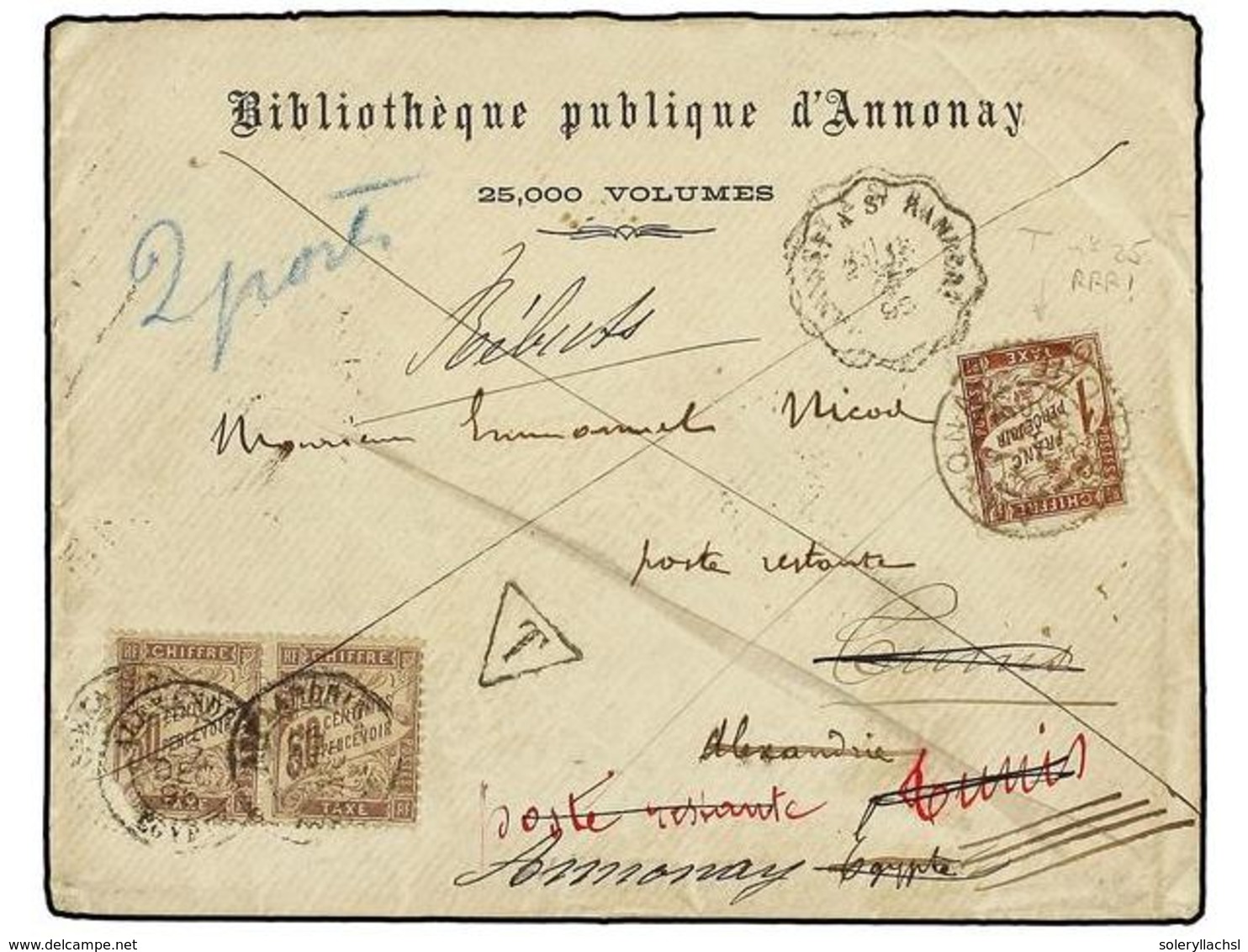 1467 EGIPTO. Ce.T25. 1895. Cover Sent Stampless To ALEXANDRIA At Double Weight (mss. '2 Ports' At Left), Taxed On Arriva - Sonstige & Ohne Zuordnung