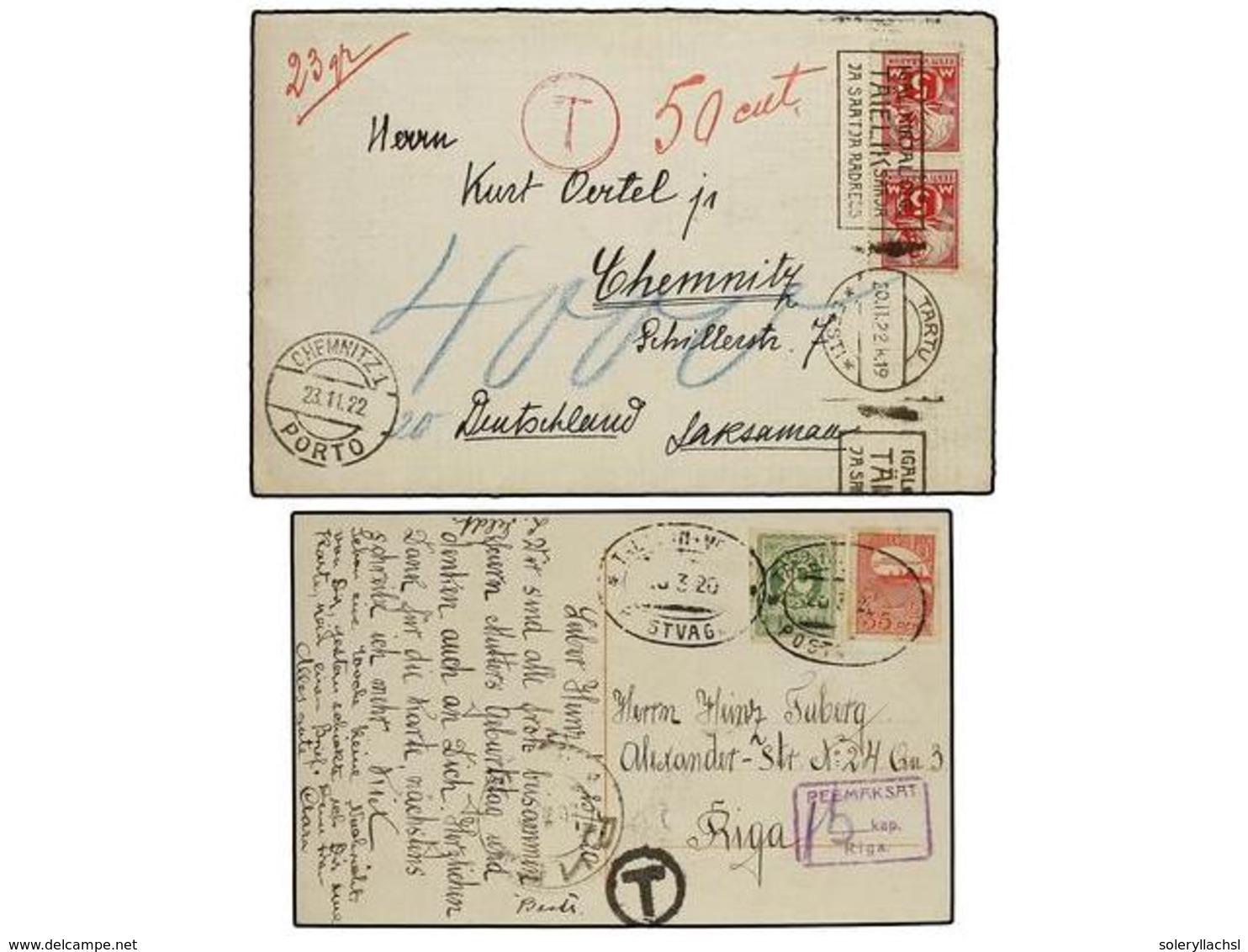 1475 ESTONIA. 1920-22. 2 Covers To RIGA And GERMANY, Taxed On Arrival. - Sonstige & Ohne Zuordnung