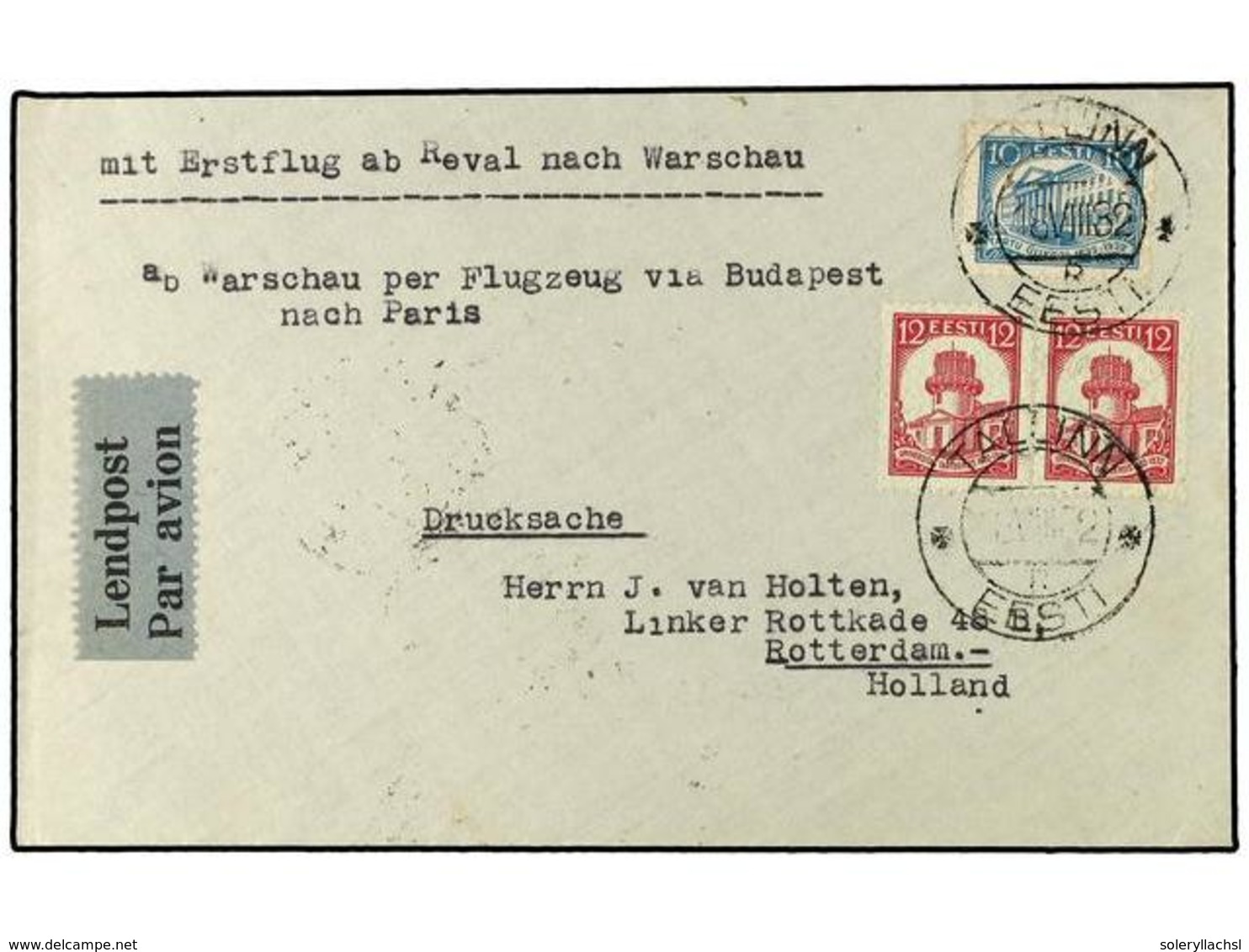 1478 ESTONIA. 1932 (18-VIII). CORREO AEREO. <B>AIR MAIL.</B> TALLIN A ROTTERDAM. Primer Vuelo TALLIN-VARSOVIA Y Circulad - Sonstige & Ohne Zuordnung