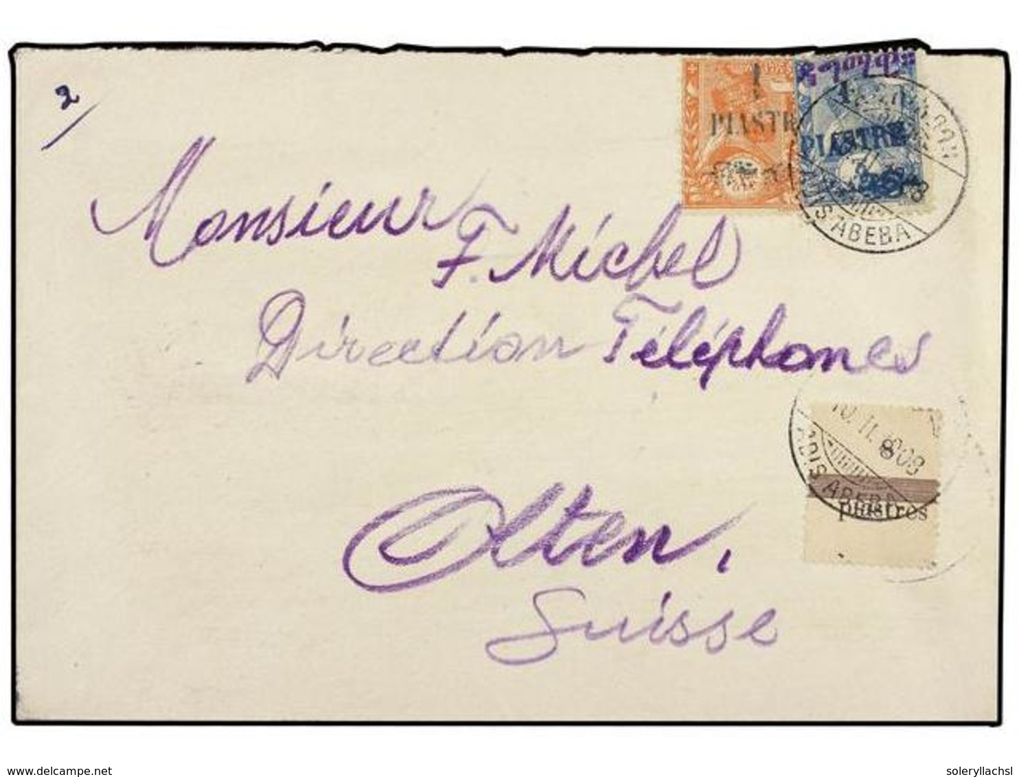 1489 ETIOPIA. Sg.130+135. 1908 (Feb 10). Cover Addressed (probably From) And To F. Michel In OLTEN (Switzerland) (Michel - Other & Unclassified