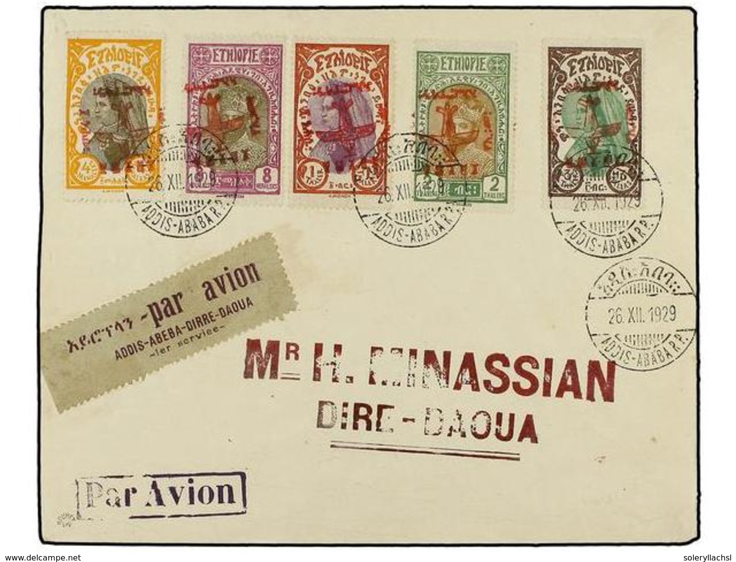 1492 ETIOPIA. 1929 (26-XII). ADDIS To DIRE DAOUA. <B>FIRST FLIGHT</B>. Franked With Type 2 Overp. Handstamped Inverted,  - Sonstige & Ohne Zuordnung