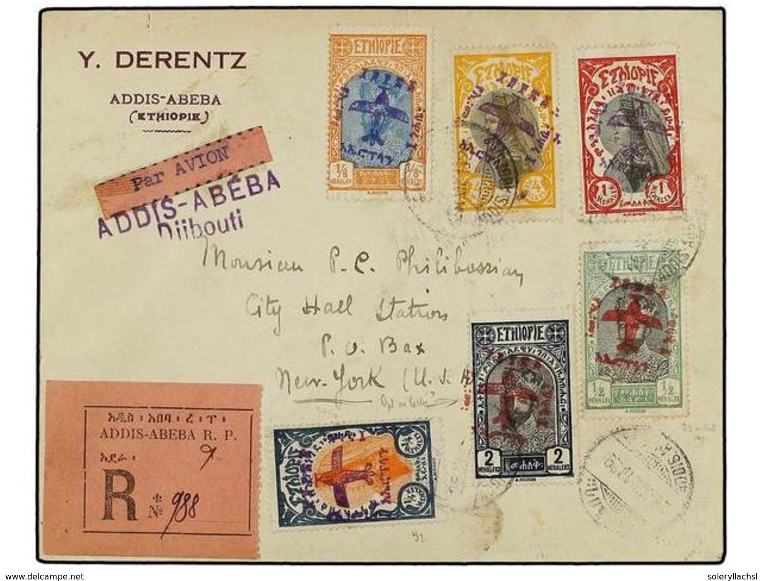 1494 ETIOPIA. 1929 (26-XII). ADDIS To NEW YORK. <B>FIRST FLIGHT</B>. Franked By Type 3 Mixed Colours Overp. One With Par - Other & Unclassified