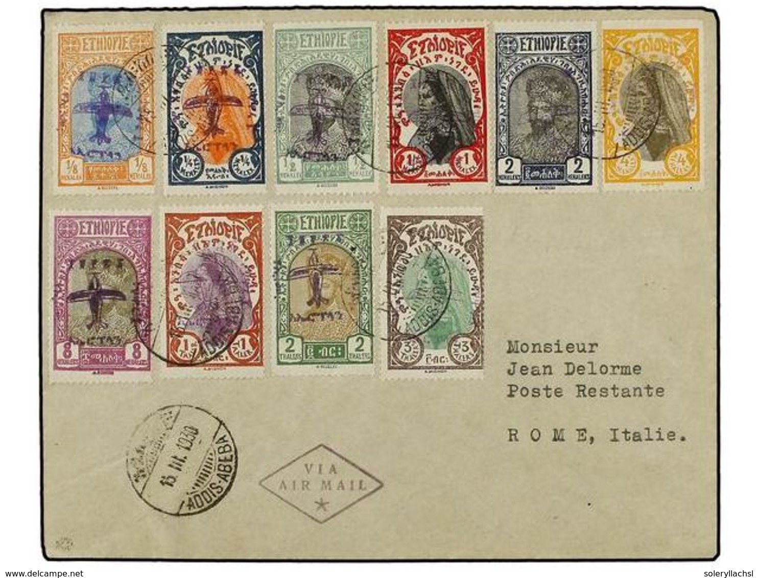 1500 ETIOPIA. 1930 (15-III). ADDIS To ROME. <B>UNRECORDED FLIGHT</B>. Franked By Complete Set Air Provisionals Type 3, A - Other & Unclassified