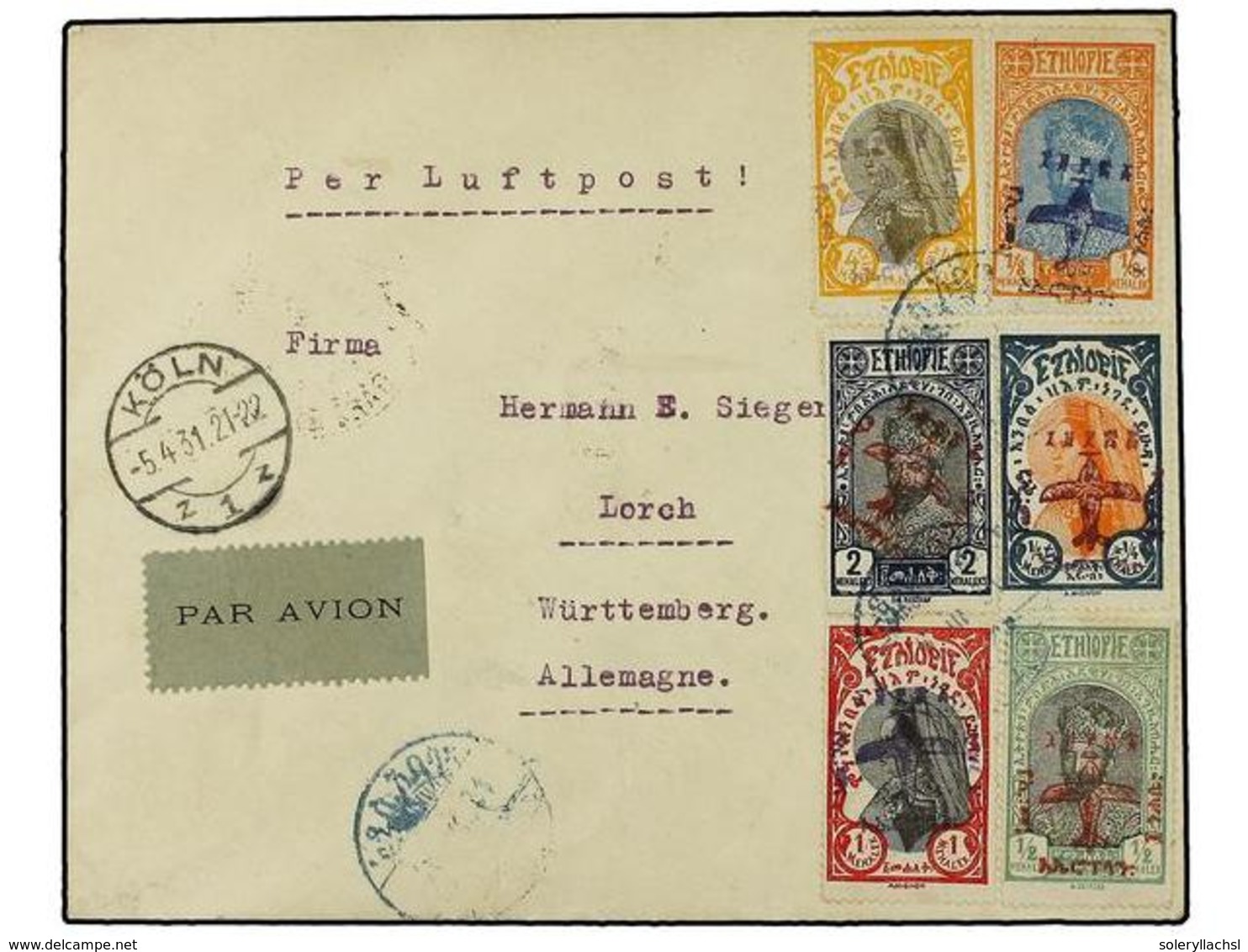 1504 ETIOPIA. 1931 (16-III). ADDIS To GERMANY. UNRECORDED FLIGHT. Franked By Type 2 And 3 Mixed Colours Overprinted With - Sonstige & Ohne Zuordnung