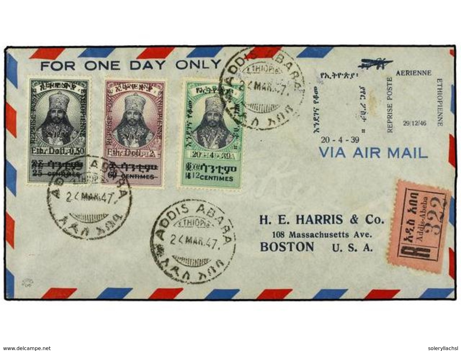 1507 ETIOPIA. Mi.222/24. 1947 (24-3). Complete Set On Air Mail Cover To USA. Arribal Cds On Back. - Other & Unclassified