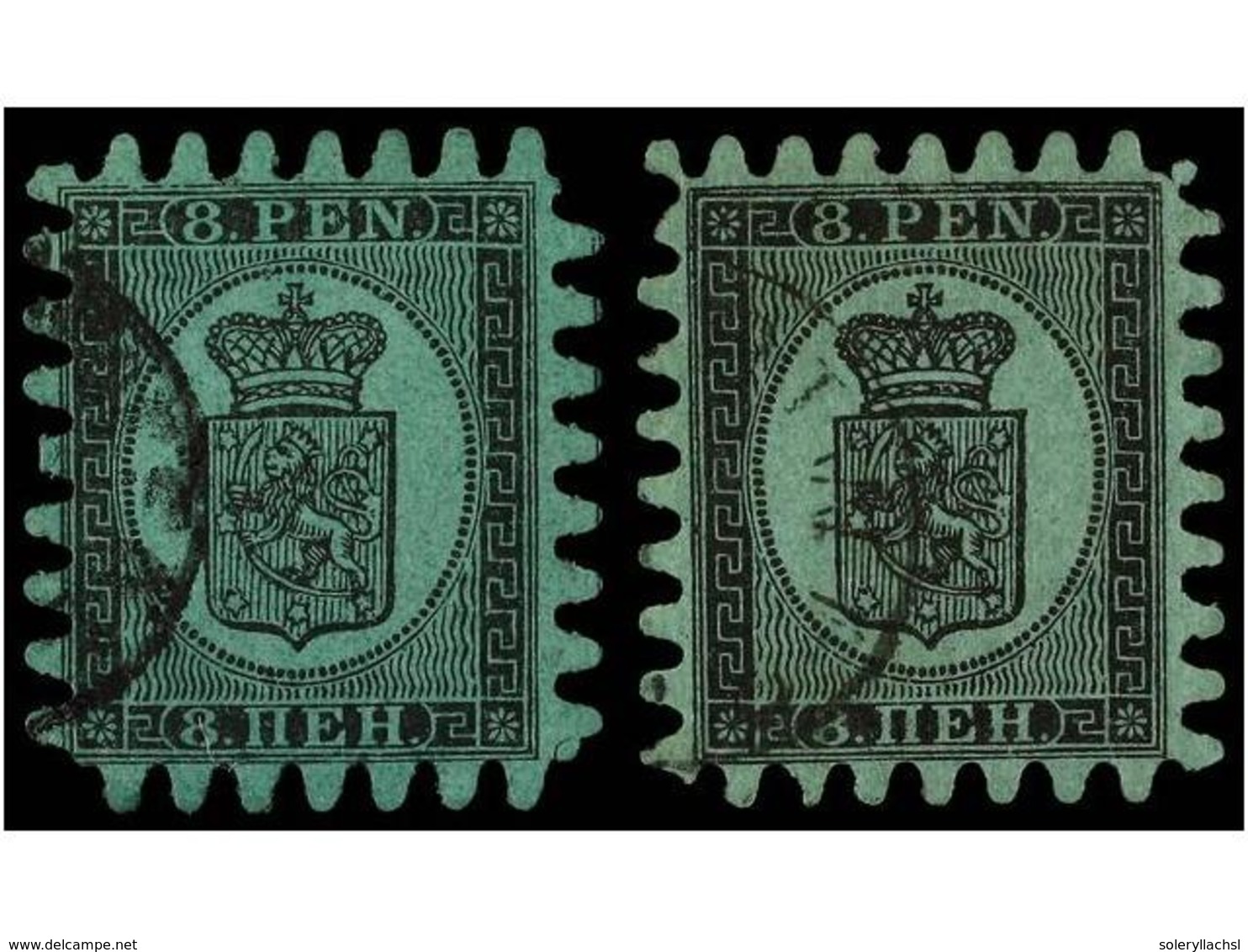 1522 ° FINLANDIA. Mi.6Cx (2). 1866. <B>8 P.</B> Black On Green. Two Stamps. Michel.500?. - Sonstige & Ohne Zuordnung