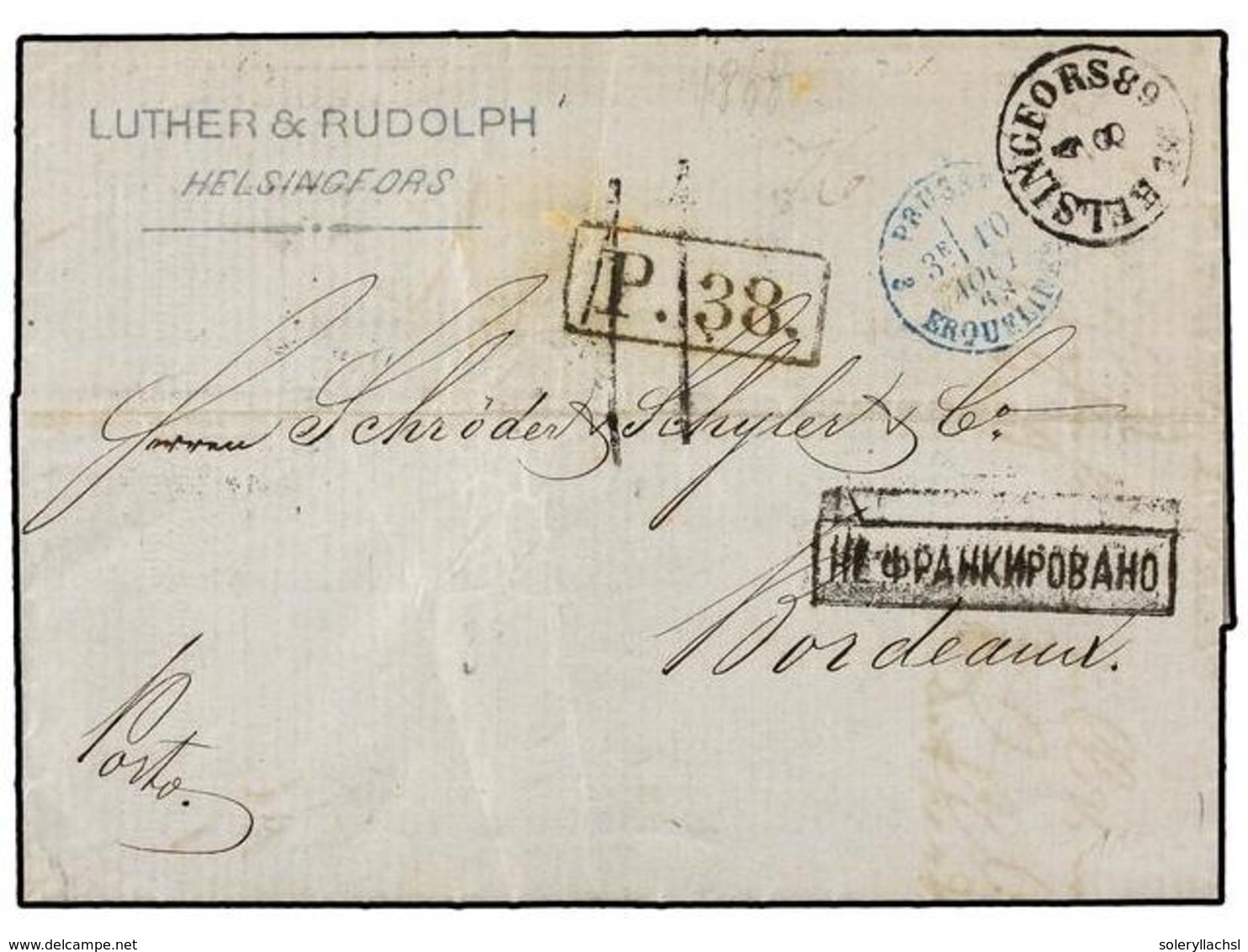 1548 FINLANDIA. 1868. HELSINGFORS To FRANCE. With <B>P.38</B> Echange Mark And Taxed '11'. - Other & Unclassified