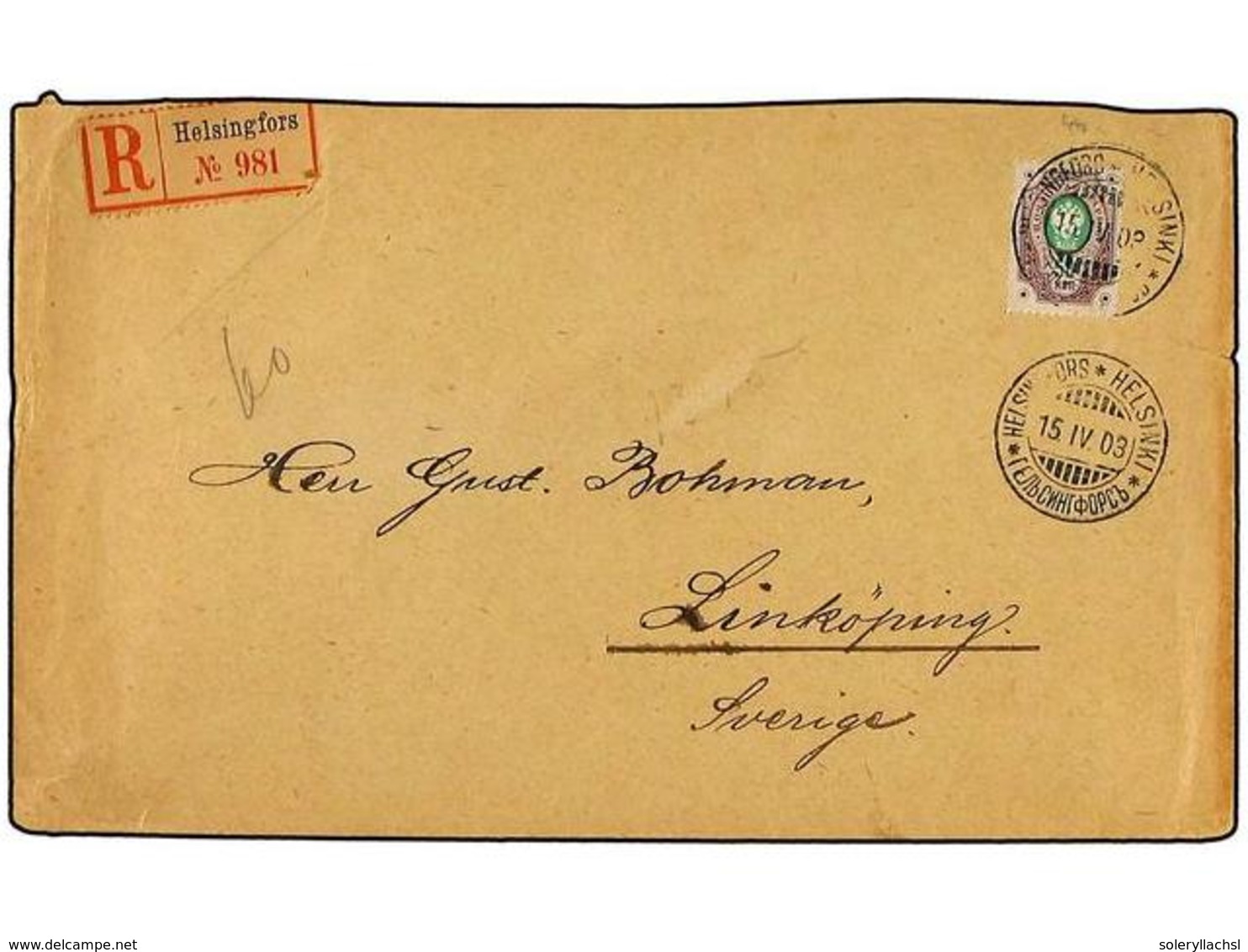 1550 FINLANDIA. 1903. Registered Cover To LINKOPING Franked By 1891 Arms Type <B>50 K.</B> Violet & Green (Facit 44) Tie - Sonstige & Ohne Zuordnung