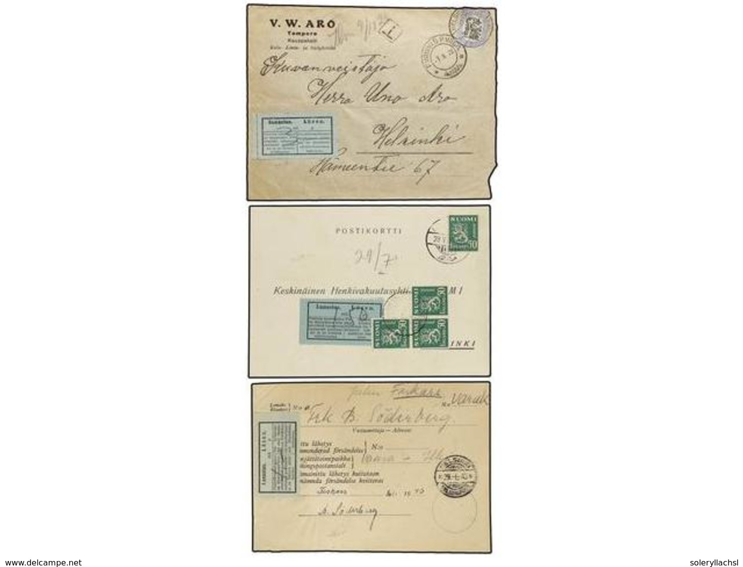 1551 FINLANDIA. 1929-37. Conjunto De 2 Cartas Y Un Recibo Tasados A La Llegada Con Sellos De Finlandia. - Sonstige & Ohne Zuordnung