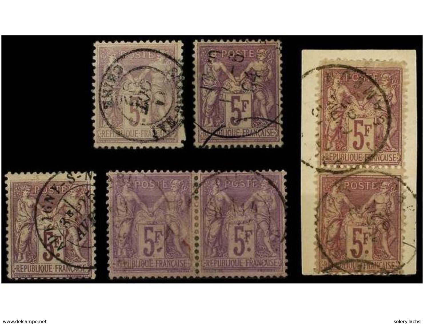 1608 ° FRANCIA. Yv.95. 1877-80. <B>5 Fr. </B>lila. 7 Sellos En Usado, Con Dos Parejas. Muy Bonitos Ejemplares. Yvert.630 - Other & Unclassified