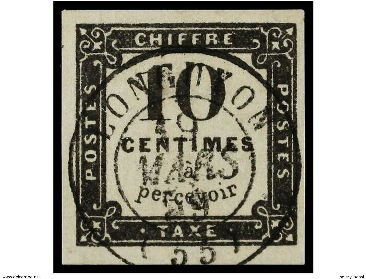 1636 ° FRANCIA. Yv.T-1. 1859. <B>TASAS. 10 Cents.</B> Negro<B> LITOGRAFIADO,</B> Mat. Fechador<B> LONGUYON.</B> LUJO. F. - Other & Unclassified