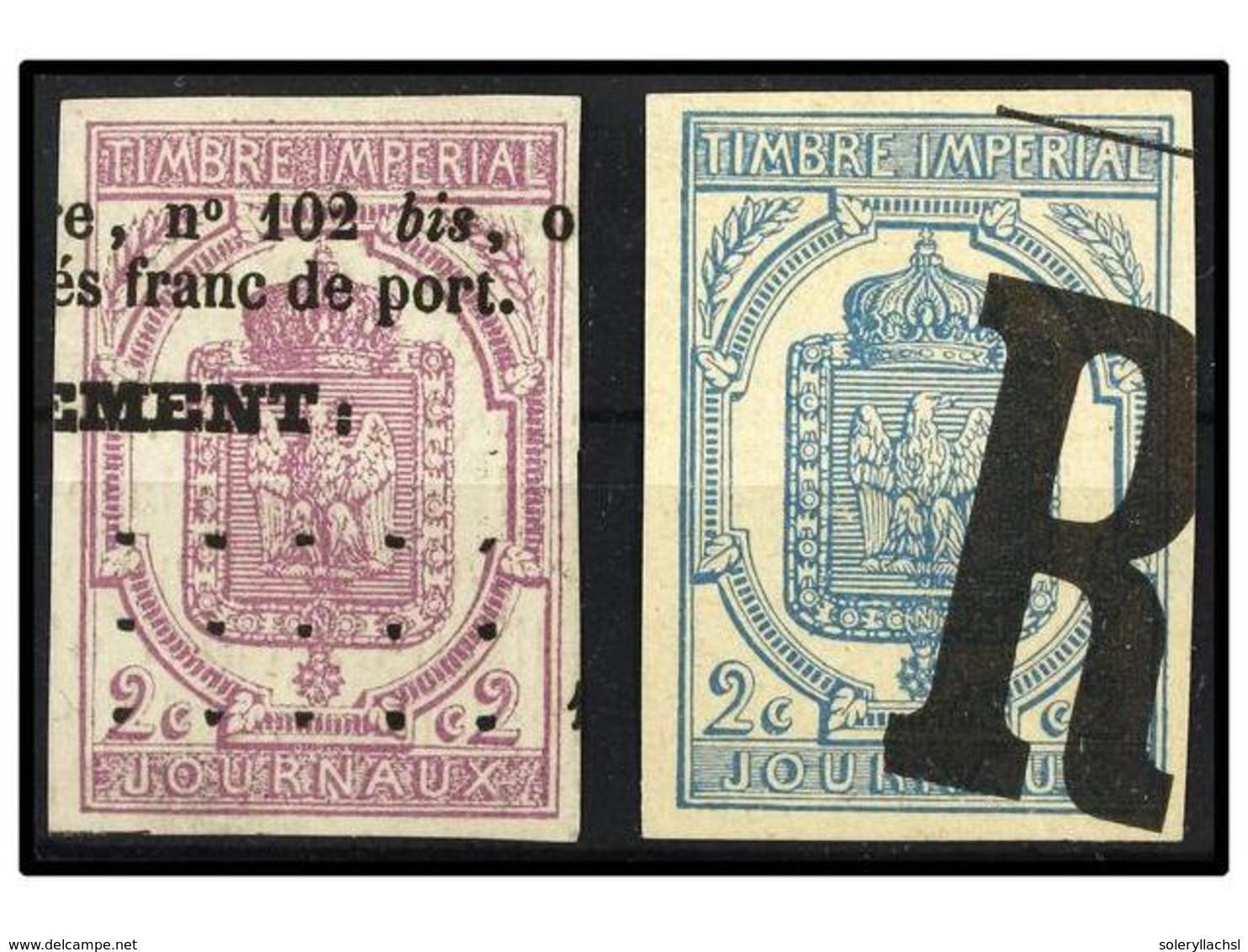 1650 ° FRANCIA. Yv.P-1/2. 1868. <B>PERIÓDICOS. 2 Cts.</B> Lila Y <B>2 Cts.</B> Azul. Muy Bonitos Ejemplares. Yvert.430?. - Sonstige & Ohne Zuordnung