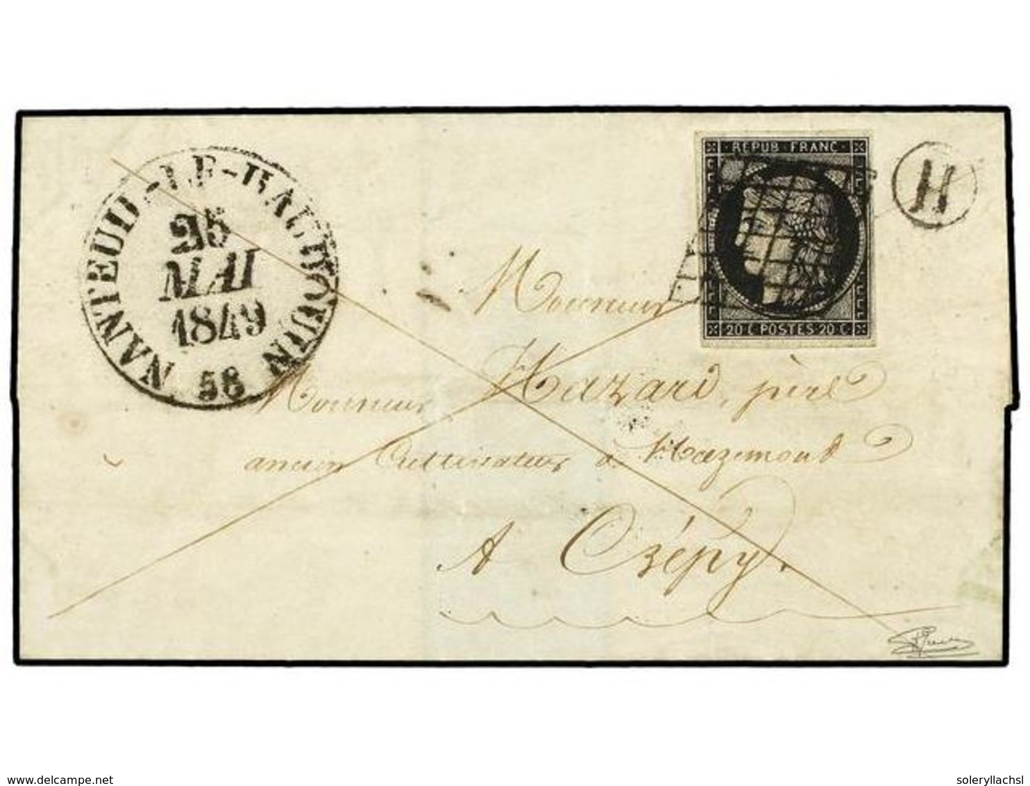 1672 FRANCIA. Yv.3. 1849. NANTEUIL A CREPY. <B>20 Cts. </B>negro, Mat. Parrilla, Círculo<B> 'H' </B>y Fechador Grande<B> - Other & Unclassified