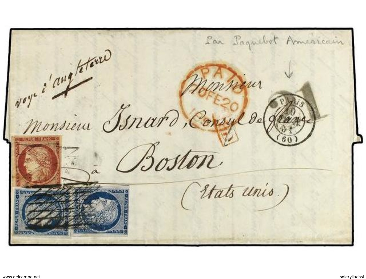 1678 FRANCIA. Sc.6,9. 1851 (Feb 19). Entire Letter From PARIS To BOSTON (USA) By American Steamer, Bearing 1849-50 <B>25 - Other & Unclassified