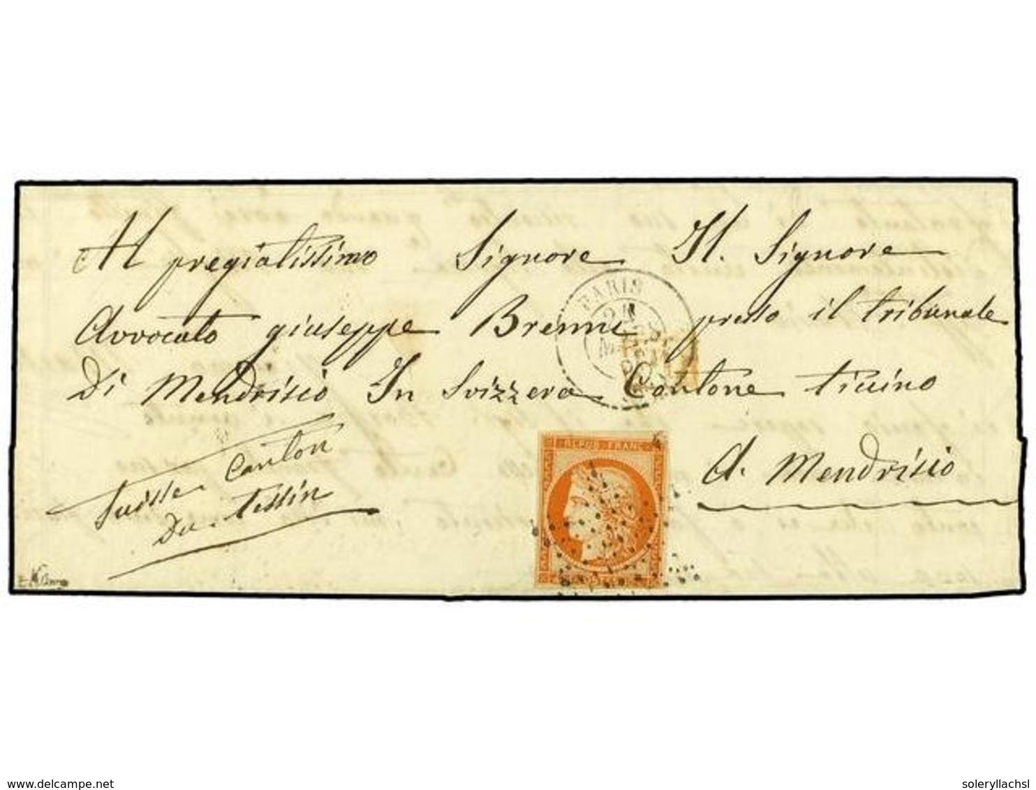 1681 FRANCIA. Yv.5f. 1852. PARÍS A MENDRISIO (Suiza). <B>40 Cts.</B> Naranja <B>'4' RETOCADO</B>. Sello Muy Fresco Con E - Other & Unclassified