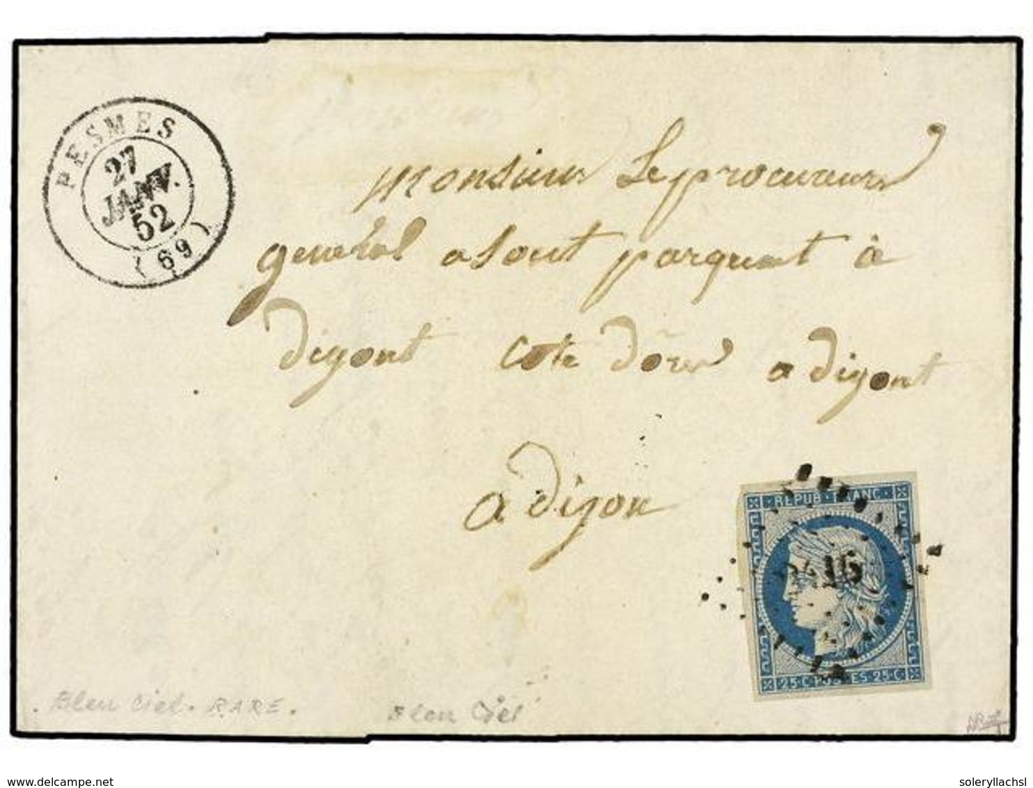 1682 FRANCIA. Yv.4. 1852. PESMES A DIJON. <B>25 Cts.</B> Azul, Mat. <B>CIFRAS PEQUEÑAS '2416'.</B> MUY BONITA. - Other & Unclassified