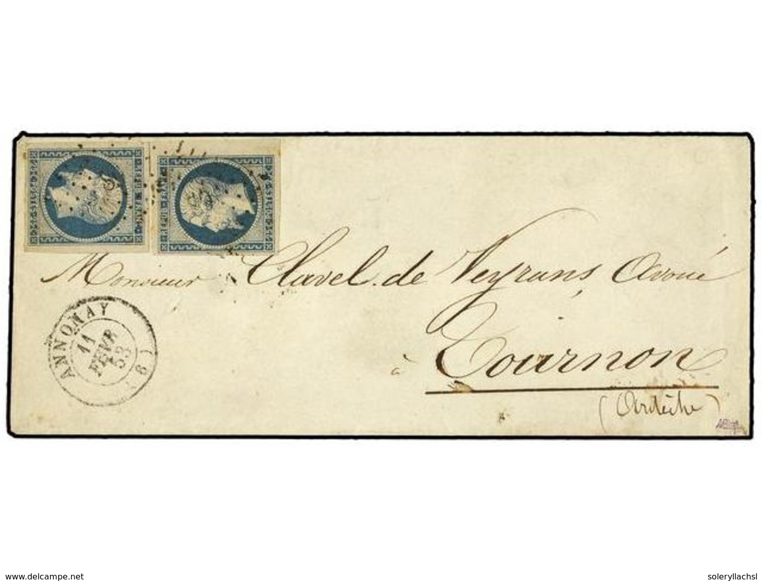 1686 FRANCIA. Yv.10 (2). 1853. ANNONAY A TOURNON. <B>25 Cts.</B> Azul (2), Márgenes Excepcionales. MAGNÍFICA. - Other & Unclassified