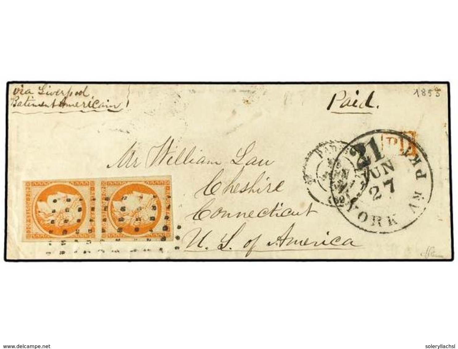 1688 FRANCIA. 1853 (June 13). Cover From Paris To Connecticut, USA Endorsed 'Via Liverpool Batiment Americaine' Franked  - Other & Unclassified