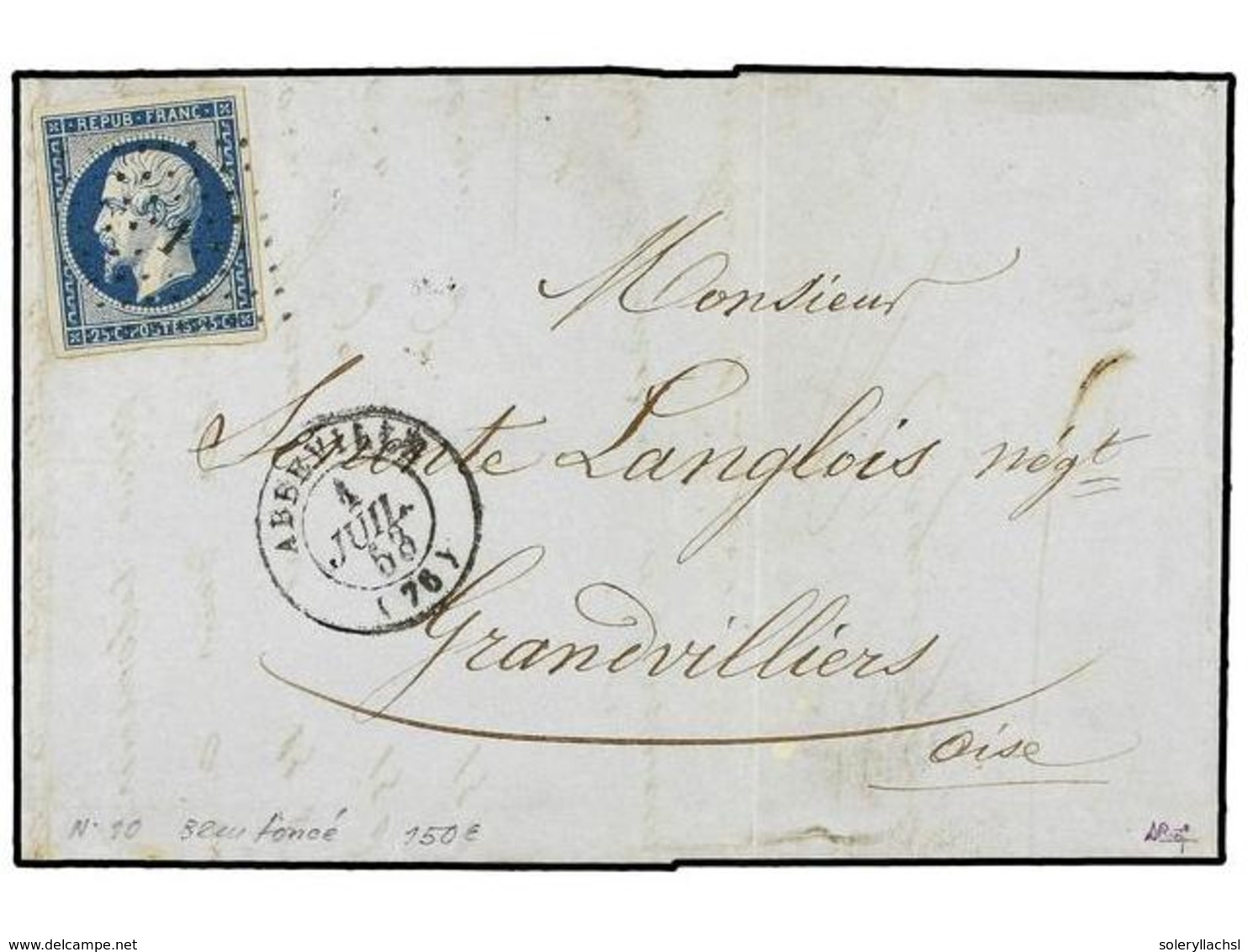 1689 FRANCIA. Yv.10. 1853. ABBEVILLE A GRANEVILLIERS. <B>25 Cts.</B> Azul, Mat.<B> CIFRAS PEQUEÑAS '1'. </B> - Other & Unclassified