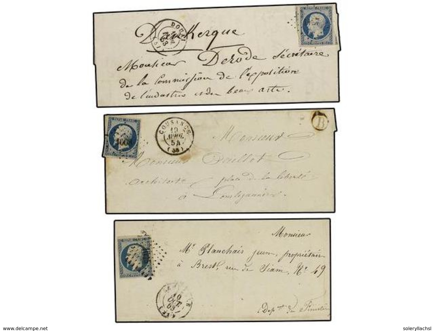 1691 FRANCIA. Yv.10 (6). 1853. 6 Cartas Con Sello De <B>20 Cts.</B> Azul, Márgenes Completos, Interesantes Fechadores. - Sonstige & Ohne Zuordnung