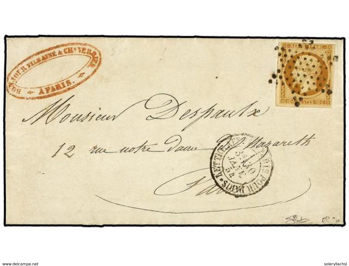 1692 FRANCIA. Yv.9. 1854. PARIS.<B> 10 Cts.</B> Bistre Márgenes Completas Mat. Estrella Y Fechador <B>LETTRE AFF. PARIS  - Other & Unclassified